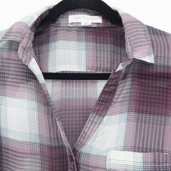 Band of Gypsies Boho Sheer Purple Plaid Tunic Blouse Roll Tab Sleeve Pocket M - Picture 4 of 10